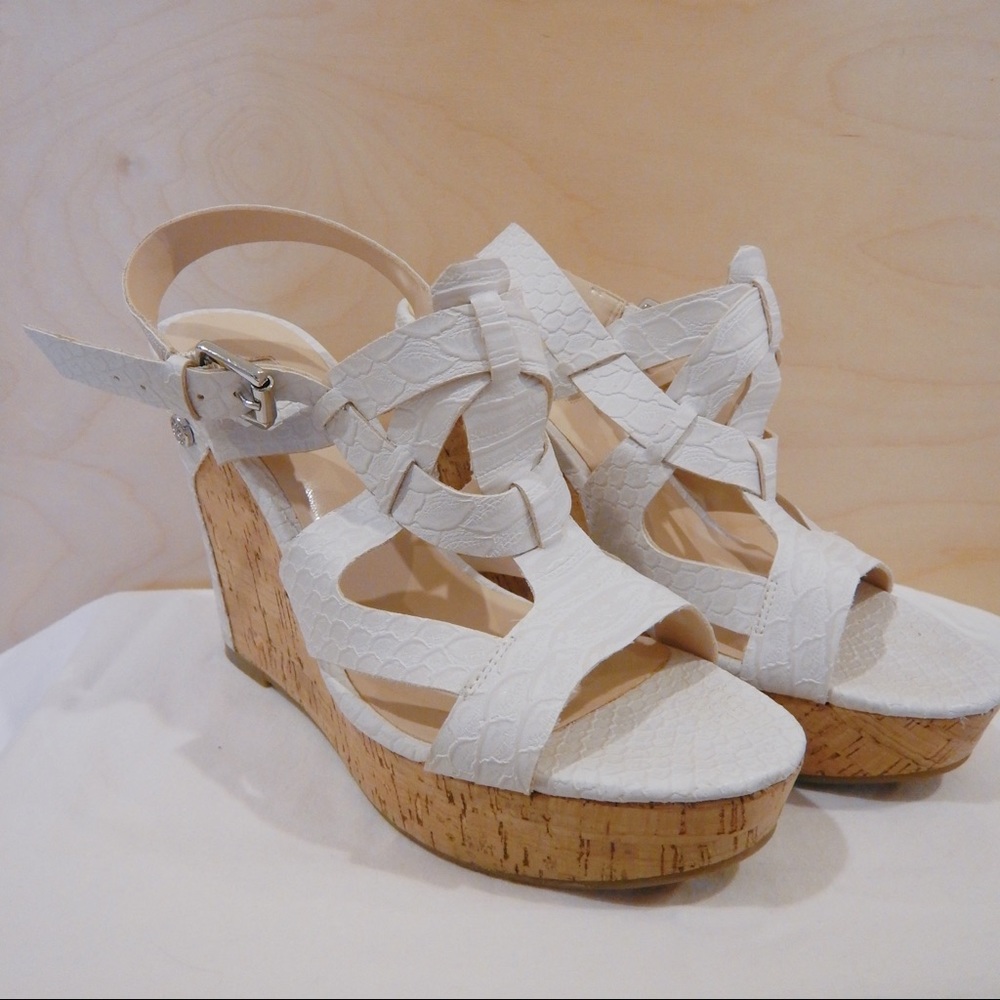 GUESS White Strappy Cork Platform Wedge Sandals